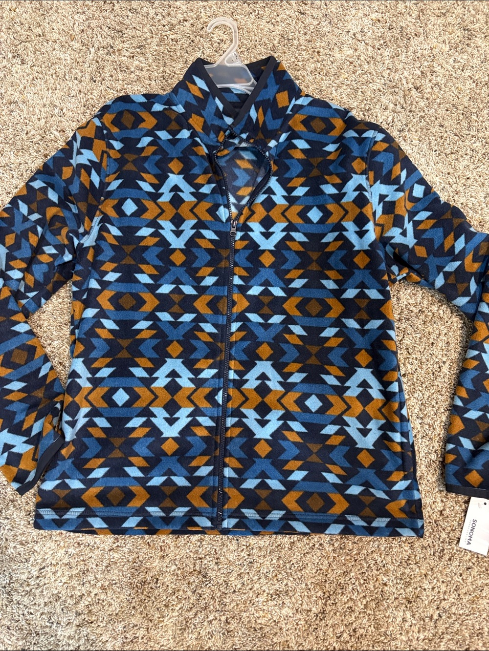 Geometric Pattern Zip-Up Fleece Jacket - Blue & Brown